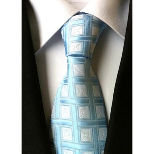 New Men Woven Tie Sky Blue Geometric with White Plaids Gravata