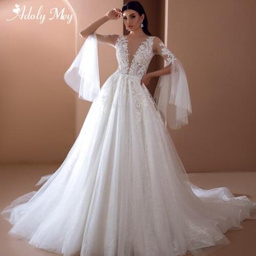 Adoly Mey Luxurious Scoop Neck Beading A-Line Wedding Dress Gorgeous Flare Sleeve Appliques Sparkly Tulle Princess Bridal Gown