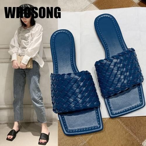 Summer Women Slippers Girls Pu Leather Slides Woman Square Toe Flats Ladies Outside Flip Flop Shoes Female Black Brand Slides