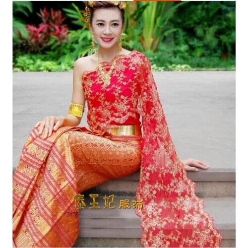 Thailand Dai Woman red wedding dresses Traditional Thai dress Summer