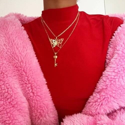 Tocona 2020 New Fashion Gold Key Butterfly Pendant Necklaces Layered Long Chian Necklace for Women Gothic Jewellery bijoux 9490