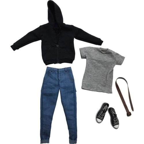 1/6 Scale Zip Up Hoodies + Jeans + Canvas Shoes + T-Shirt + Belt for 12 Inch , Male Action Figure