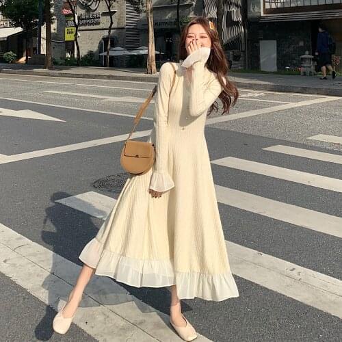 Knit dress womens spring and winter 2021 new French ladies slim and thin bottoming long dresses