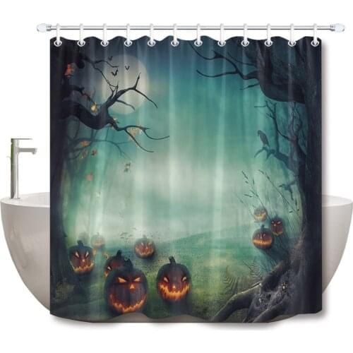 72'' Forest Pumpkins Spooky Tree And Spider Web Halloween Bathroom Waterproof Fabric Shower Curtain 12 Hooks Bath Accessory Sets
