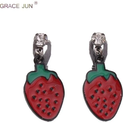 GRACE JUN Vintage Style Rhinestone Enamel Red Strawberry Shape Clip on Earrings Without Piercing for Women Party Cute Ear Clip