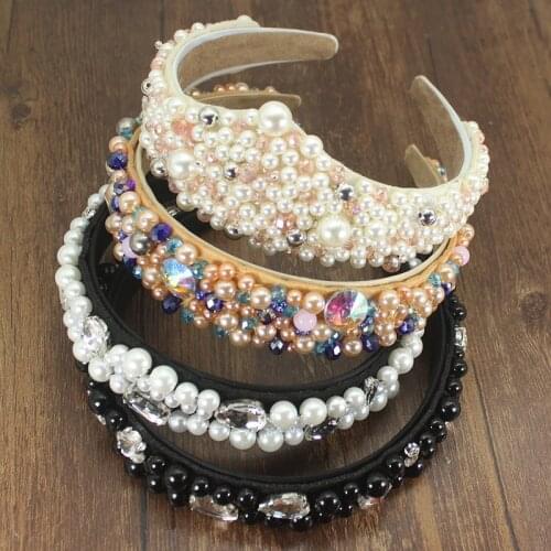 Luxury New Baroque White Black Pearl Shiny Crystal Large Temperament Jewelry Headband Hair Accessories for Womens Wedding Party