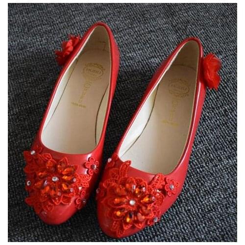 Handmade red lace crystal flats shoes woman girls NQ140 red lace party dinner ceremony crystal dancing flats shoe