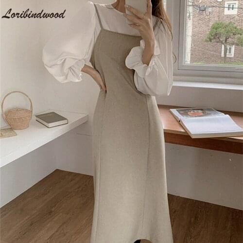 New 2021 Autumn Winter Womens Sets 2 Pieces Blouses Sleeveless Dresses Fashionable Elegant Vintage Lace Up Long Suits