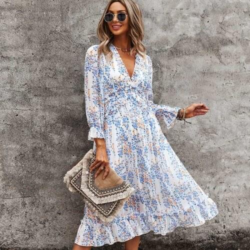 Boho Inspired floral Deep V-neck Ruffle Hem Dress streetwear fashion summer dress new midi women dress long sleeve boho dress