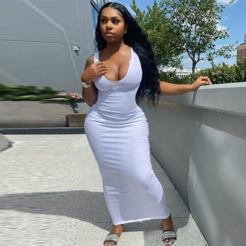2021 Ribbed Knitted Dress Women Sleeveless Long Maxi Dress V Neck Bodycon Sexy Party Club Casual Solid Spring Summer Vestidos