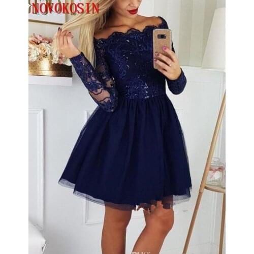 2019 Navy Blue Cocktail Party Dress Off the Shoulder A line Homecoming Dresses Long Sleeve Lace Applique Short Prom Dresses