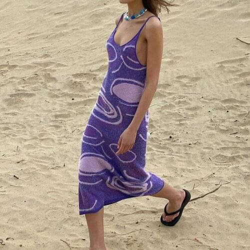 2021 Print Knit Bodycon Dress Women Y2K Summer Hollow Out Back Sexy Sleeveless Spaghetti Strap Beach Midi Dresses Party Hot