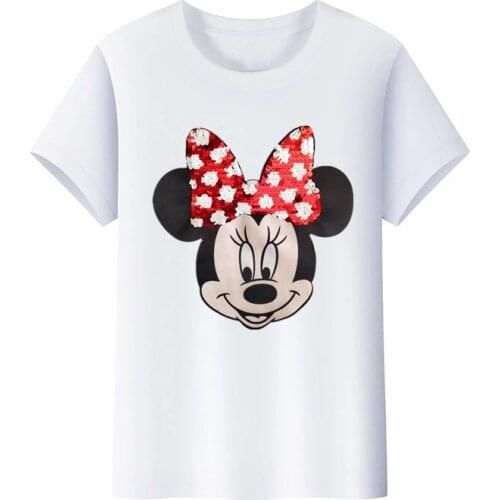 Disney Summer Fashion Trend Cartoon Mickey Mouse Girl Print Color Sequins Light LED T-shirt Cotton Short Sleeve Top