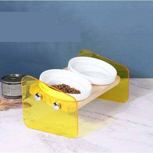 Pets Double Bowls Dog Cat Food Water Feeder Ceramic Dish Bowl Bamboo Rack Cats Feeding Dishes Dogs Drink Bowl Pet Supplies