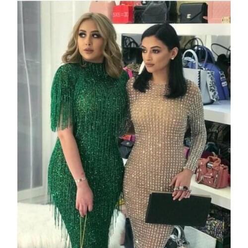 Elegant Long High Neck Mermaid Heavy Beaded Evening Dresses Floor Length Tassels Tulle Zipper Back Formal Party Dress for Women