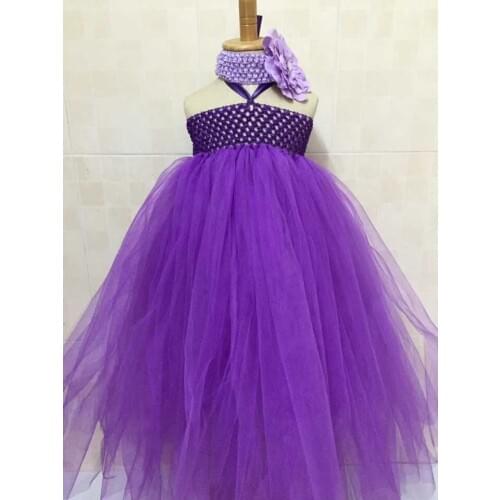 Little Girls Purple Long Tutu Dress Kids Handmade Crochet Tulle Tutus Ball Gown with Peony Flower Headband Children Party Dress
