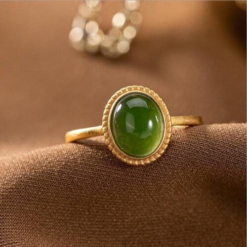 Natural Hetian Jade Oval Ring S925 Womens Sterling Silver Open Ended Ring Fashion Simple Jade Gold Ring