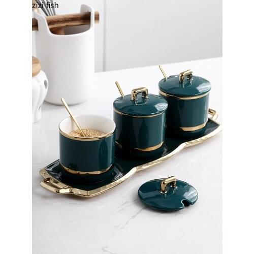 Spice Box Ceramic Jars Nordic Emerald Seasoning Pot Set Sugar Bowl Salt MSG Household Kitchen Utensils Pots Airtight Containers