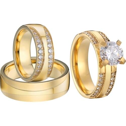 Classic 3pcs Proposal Couple Marriage Golden Wedding Rings Set For Men And Women Big Stone Cubic Zirconia Engagement Ring