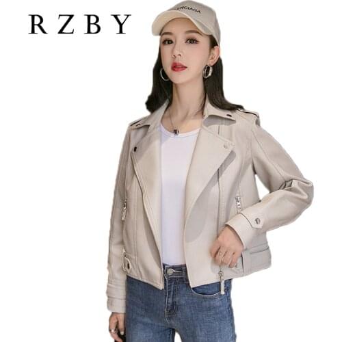Autumn spring 2021 classic womens short casual pink black beige slim all-match zipper artificial pu leather jacket coat