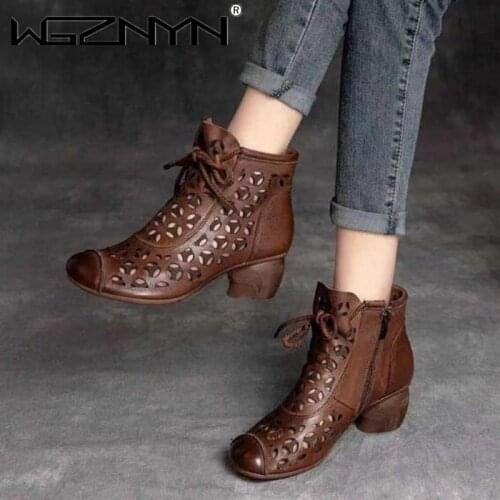 2021 Summer Ankle Boots Genuine PU Leather Shoes Women sandals Med High Heel Back Zipper Boots Cutout Breathable Mujer Zapato