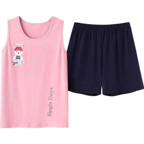 Summer Pyjamas Women Cotton Vest Pajama Set Cartoon Pijamas Casual Soft Big Size M-XXL Ladies Sleepwear Homewear Clothes