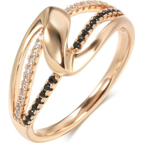 Kinel Hot 585 Rose Gold Wave Ring for Women Fashion Geometry Black With White Natural Zircon Wedding Rings Vintage Jewelry