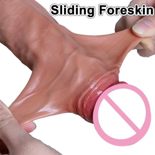 Soft Sliding Foreskin Big Dildo Real Veins Suction Cup Thick Cock Anal Adult Toy for Men Women Gay Silicone Masturbation Penis