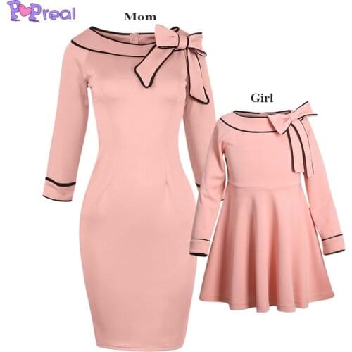 PopReal Mom And Daughter Dresses Pink Casual Sweet Bowknot Decorated Party Elegant Midi Mother And Daughter Matching Outfits