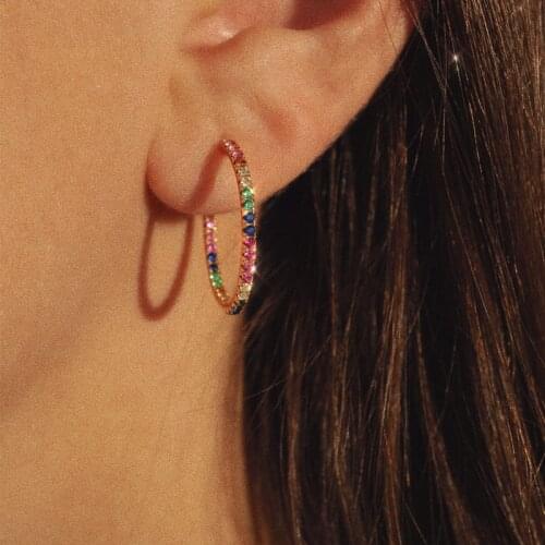 30mm Colorful Zircon Rainbow Rhinestone Geometric Round Hoop Earrings Statement Bling Crystal Big Earrings for Women Jewelry