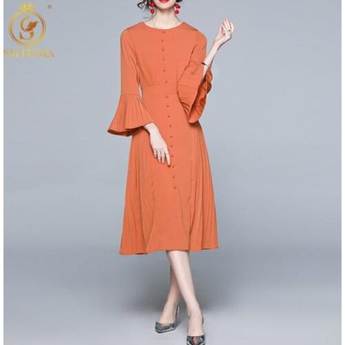 SMTHMA New Fashion Designer Spring Elegant Flare Sleeve Party Dress Women Single-Breasted Vintage Midi Pleated Vestidos