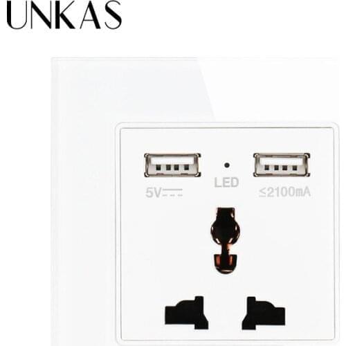 UNKAS Dual USB Socket Charger Port for Mobile Power Outlet UK Standard Wall Socket 3 Hole Power Outlet With 2100mA