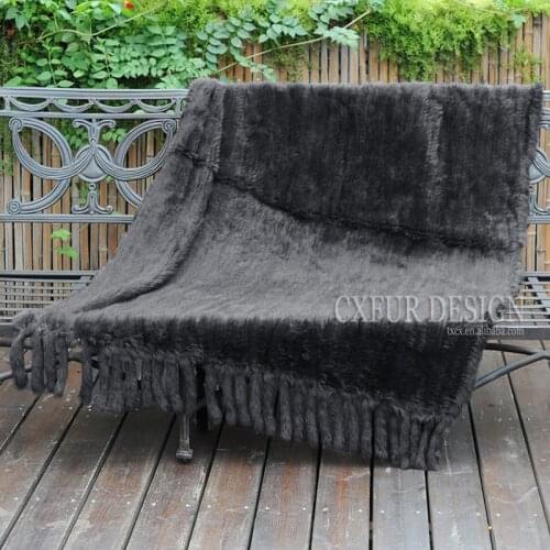 CX-D-20P Handmade Warm Soft Rabbit Fur Throws Real Rabbit Fur Knitted Blanket with Fringes