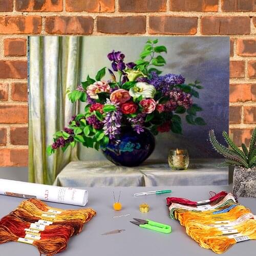 Flowers Printed 11CT Cross Stitch Complete Kit Embroidery DMC Threads Painting Needlework Handiwork Handicraft Gift Stamped