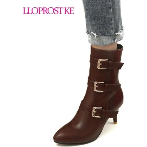 Lloprost ke Autumn Sweet Buckle Strap Platform High Heel Boots Women Ladies Black Brown Wedding Party Plus Size 33-45 Shoes D557