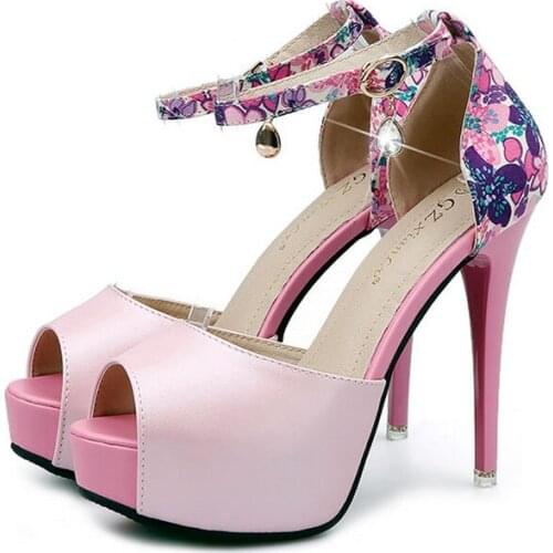 Women Sexy Rhinestone Buckle Pumps Fish Mouth Shoes Womens Shoes Waterproof Platform 12CM Fine High-heeled Nightclub Sandals