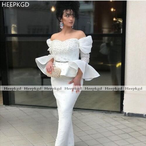 White Elegant Long Evening Dress Flared Sleeves Sheath Pearls Satin Prom Gowns Customize Women Formal Occasion Party Dresses
