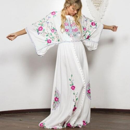 TEELYNN White Cotton Floral Embroidered Maxi Dress Women Vintage O-Neck Backless Summer Dresses Loose Casual Beach Boho Vestidos