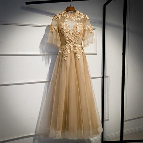 Bespoke Occasion Dresses Illusion O-Neck Short Beading Embroidery Tulle Lace Luxury Champagne Women Formal Evening Gown HB182