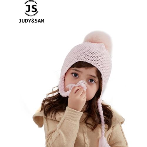 12-36Months Warm Winter Wool Blend Knitted Kids Earflap Hat with Matching Color Real Raccoon Fur Pom Poms Baby Bomber Hat