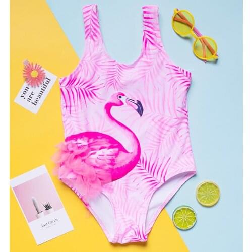 2021 Newest Arrival Little Girls Swimsuit Summer Children Cartoon Flamingo Printing Sleeveless Swimwear for Vacation