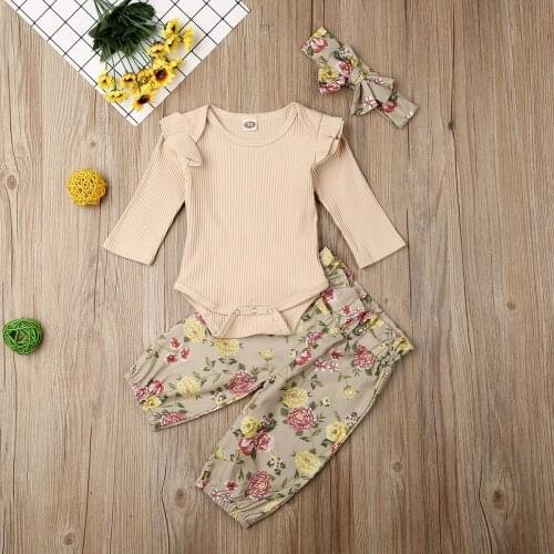 Pudcoco Newborn Baby Girl Clothes Solid Color Long Sleeve Knitted Cotton Romper Tops Flower Print Long Pants Headband 3Pcs Set