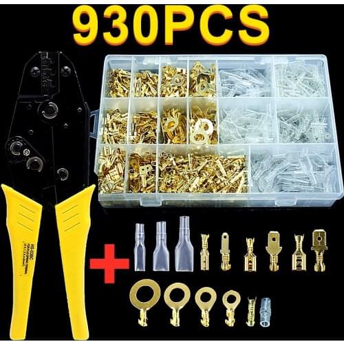 930PCS Insulated Female Male Spade Crimp Terminals & Pliers HS-03BC & Cable Lug Wire Connector Non-insulated Diy Assortment Kit