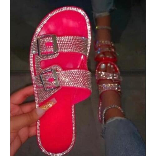 Bling rhinestone women slippers flat buckle summer beach shoes woman leisure waterproof outside ladies slides bright color