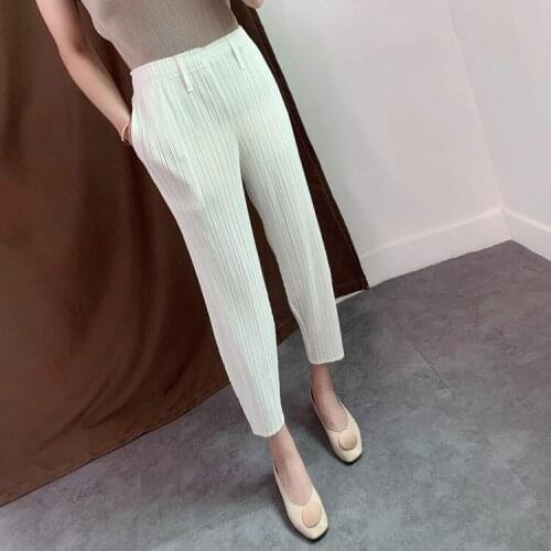 Miyake Pleated slim thin Womens Pants 2021Summer New folda Casual White Nine-point Feet Straight Pants for woman