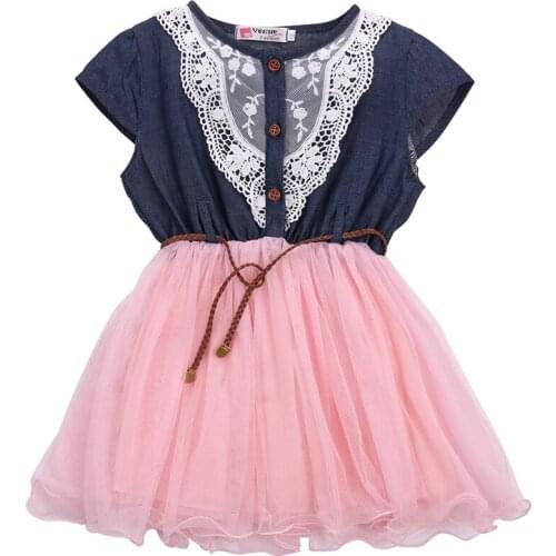FOCUSNORM New Fashion Kids Baby Girls Party Lace Flower Tulle Denim Dress Casual Dresses Clothes