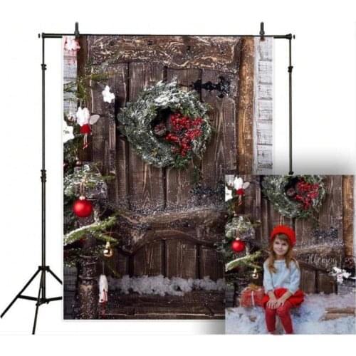 HUAYI Photography Backdrop Christmas Day Distressed Old Wooden Barn Doors Wreaths Photo Backdrops Newborns Child PhotodropW-3516