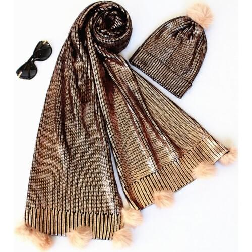 2 Pcs Knitted Scarf Hat New Female Fashion Korean Style Gilded Elegant Pure Color Hair Ball Fall Winter Warm Simple Accessories