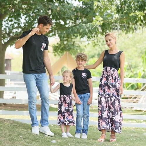 Family Matching Outfits Tank Flower Mother Daughter Dresses Mom Baby Mommy and Clothes Short Sleeve Dad Son T-Shirts
