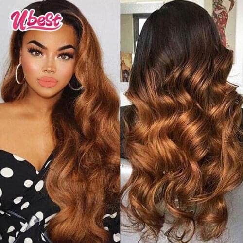 Ubest Highlights Colored Lace Frontal Human Hair Wigs Transparent 1B 30 Ombre Body Wave Wigs for Women Virgin Human Hair 180